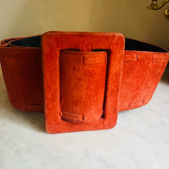 Vintage Accessories - VTG 80s Bibo Folk Flowerchild Avant Garde Boho Hippie Orange Wide Suede Belt M